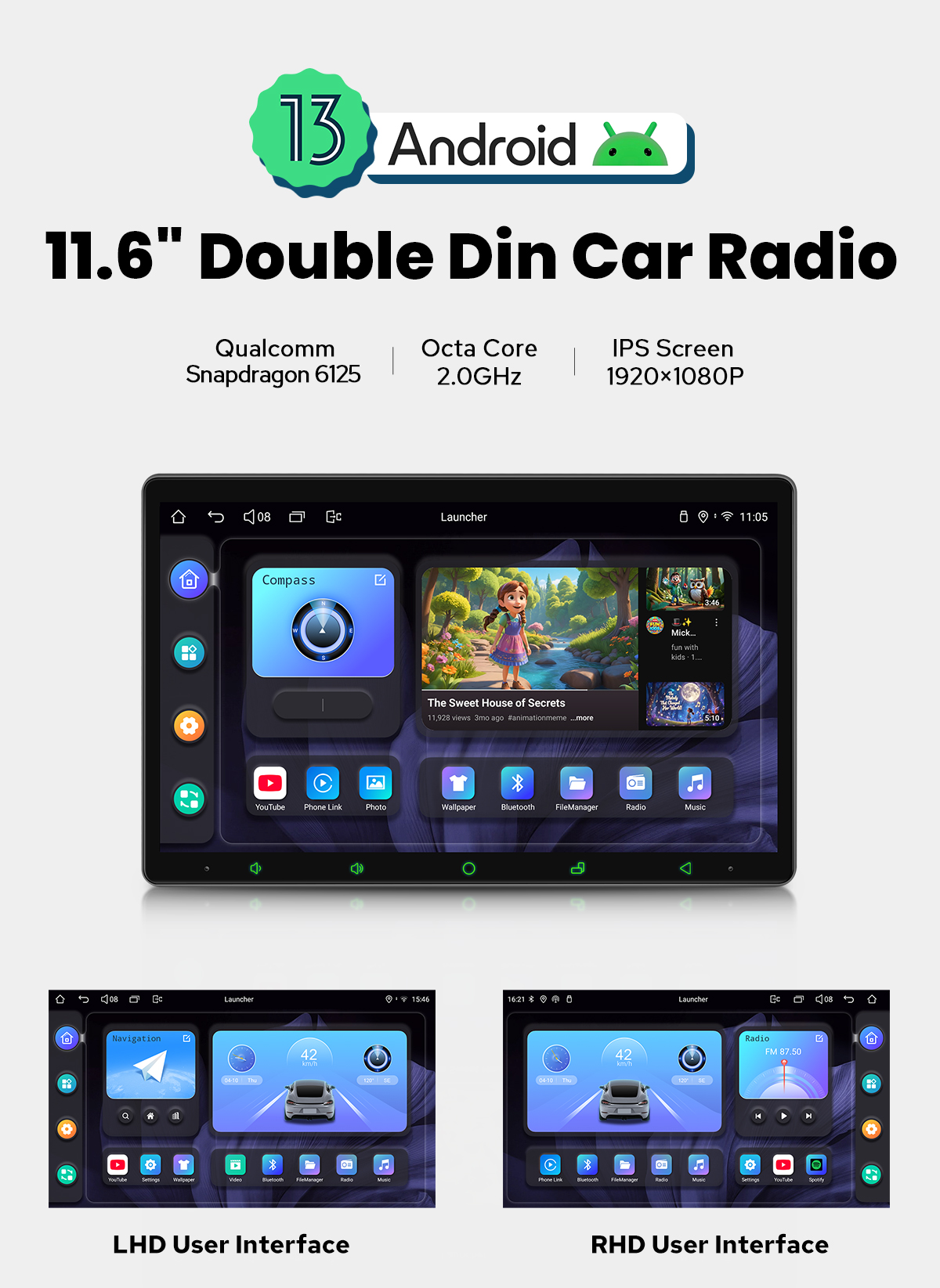 Wireless Android Auto Head Unit 11.6 Inch Double Din Stereo